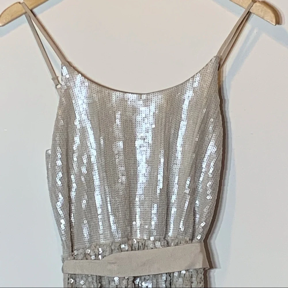 EUC Express Sequin Embellished Adjustable Spaghetti‎ Strap Cream and Tan Dress
